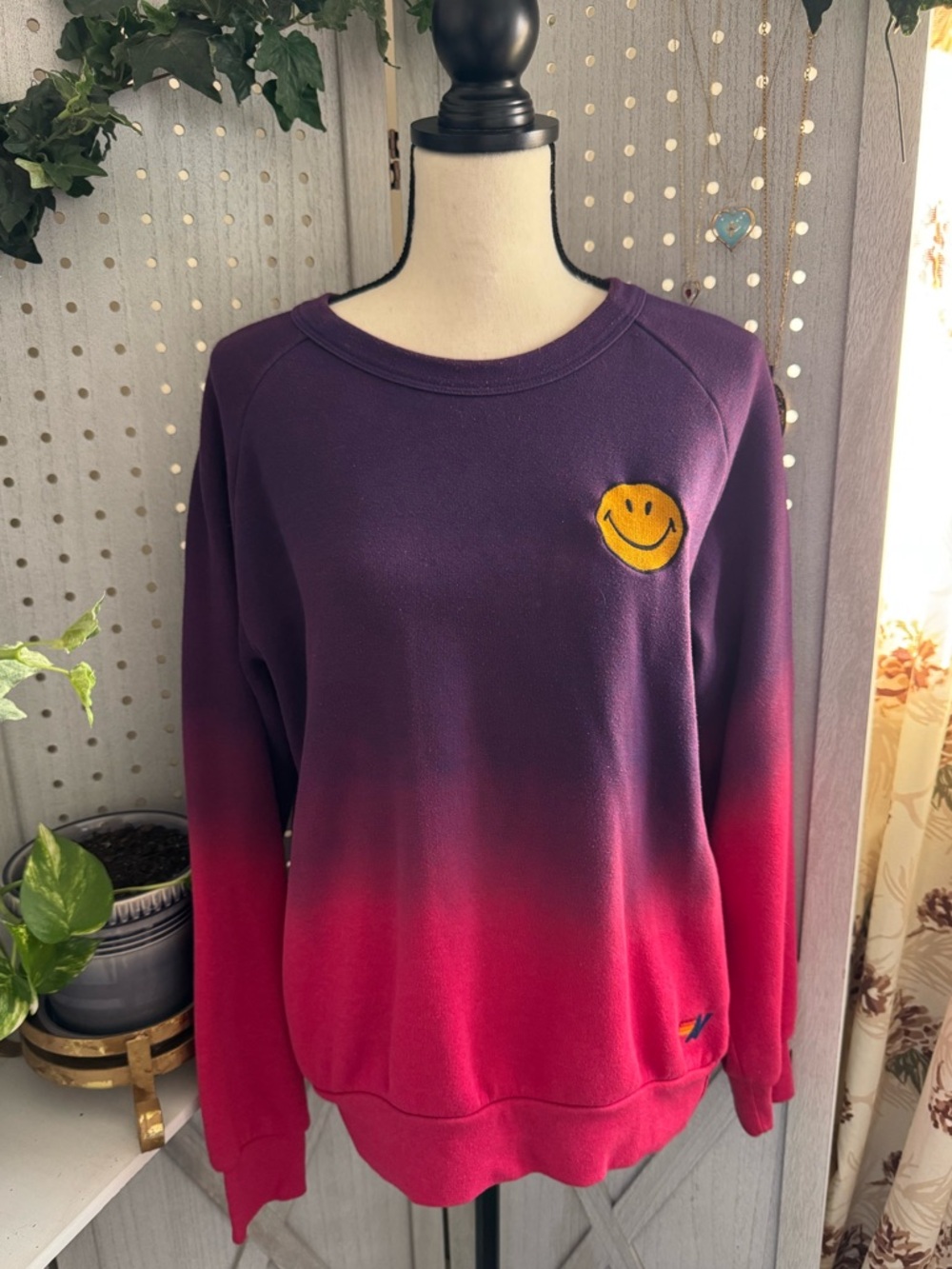 Aviator Nation hot pink and purple crewneck smiley sweatshirt